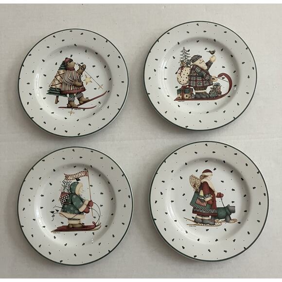Sakura Debbie Mumm 4 Stoneware 8” Salad Dessert Plates Sledding Characters NOB - Picture 3 of 11